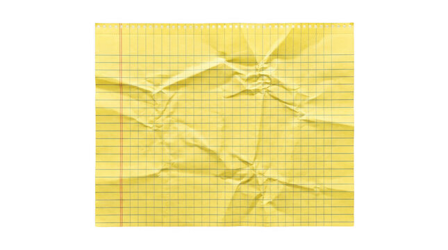 Crumpled yellow grid paper on transparent background