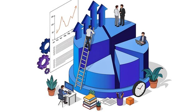 Business professionals collaborating on a 3d growth chart with digital tools and analytics icons