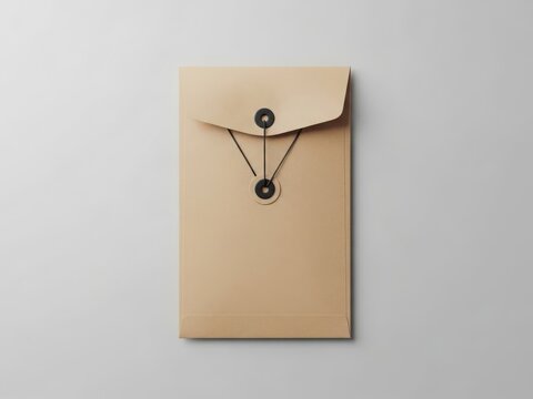 Beige envelope with black string closure on neutral background