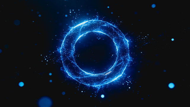 A luminous blue energy ring made of glowing particles floats in dark space, surrounded by scattered light dots.