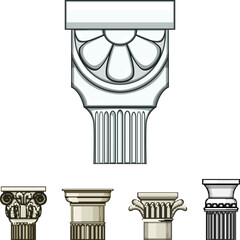 Obraz premium Set of five classical architectural column capital vector illustrations representing different historic orders and styles, symbolizing heritage, structure, and artistic design elements