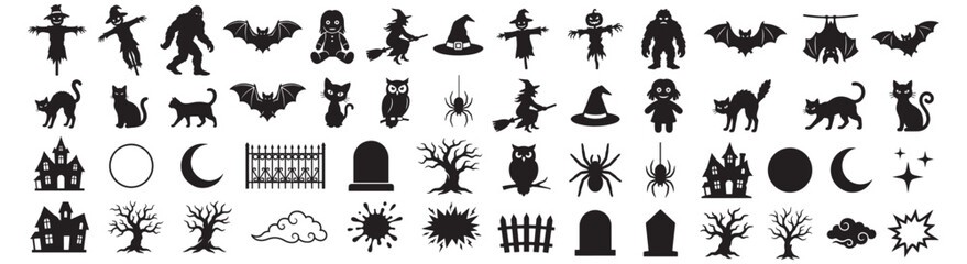 Fototapeta premium Halloween Silhouette Icons Set Featuring Bats Cats Witch Haunted House and Spooky Symbols