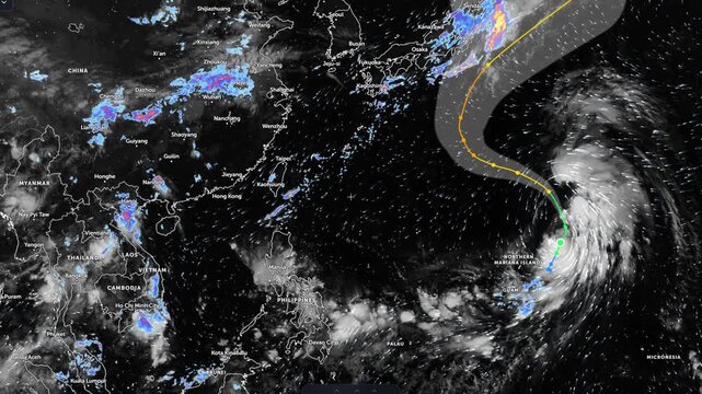 A tropical cyclone developing over the Pacific Ocean, captured in satellite imagery transitioning from night to daytime. The powerful storm system and projected track illustrate atmospheric circulatio