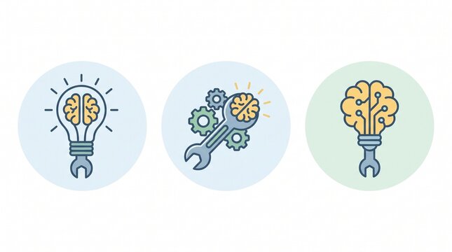 Three icons combining light bulb, wrench, and brain representing creativity, innovation, and technical intelligence in modern minimal style.
