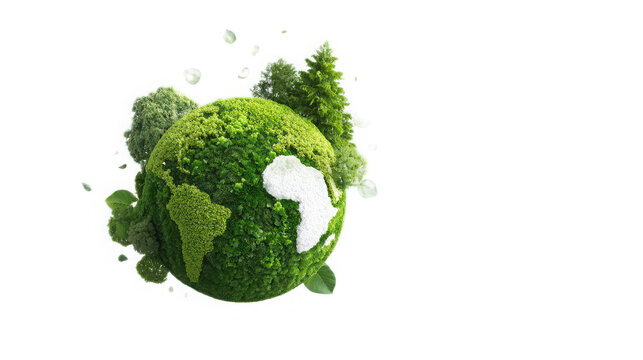 Globe shaped like a textured green planet covered in lush vegetation stands against a stark transparent background.