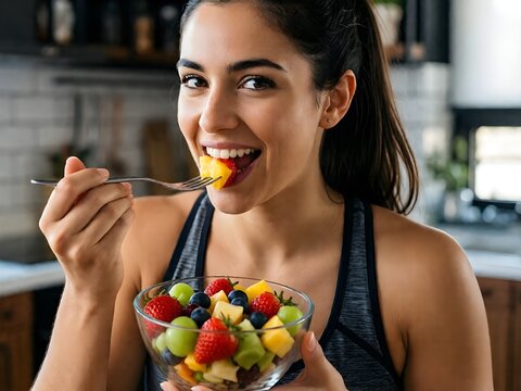 Close up of athletic woman eating a healthy fruit bowl in the kitchen at home
