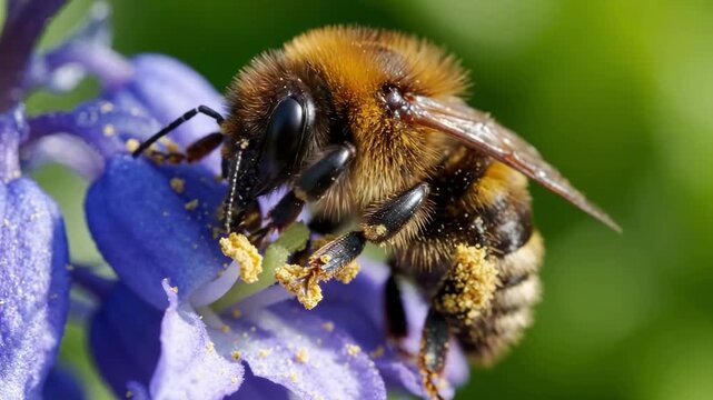 Close-up of a fuzzy bumblebee covered in golden pollen, collecting nectar from a vibrant purple flower in a garden.
