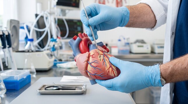 Professional medical researcher examines a detailed plastic human heart model using metal tools in laboratory settings