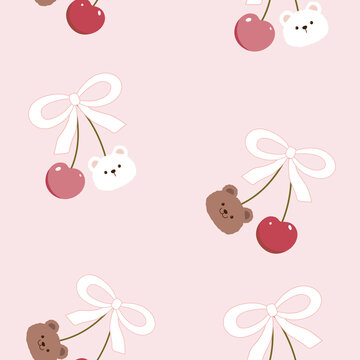 Cute cherry fruit with cartoon bear faces and white bow ribbon seamless pattern background, adorable kawaii teddy bear vector illustration for nursery fabric and kids wallpaper.