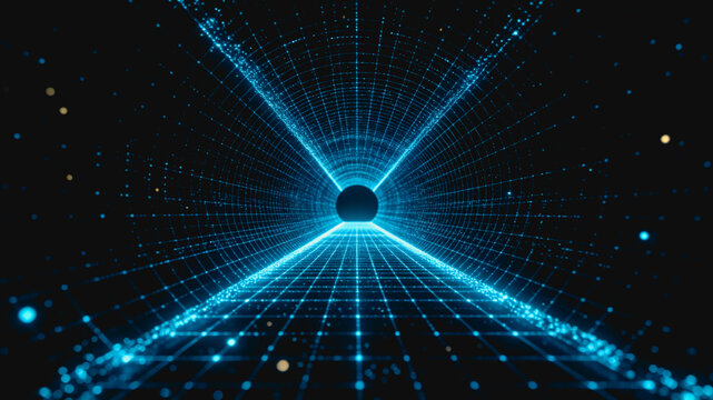 A futuristic digital grid tunnel visualization, showing a dark void at the center surrounded by glowing blue lines and particles, representing data flow or spatial dimension.