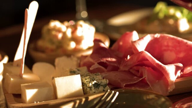 Italian Charcuterie Board with Prosciutto and Cheese on Restaurant Table