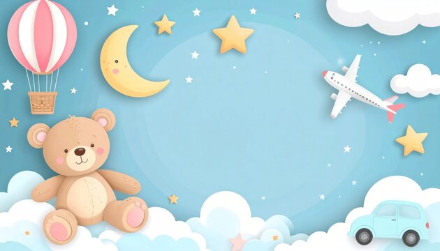 Cute Teddy Bear and Toys in a Dreamy Sky Background.
