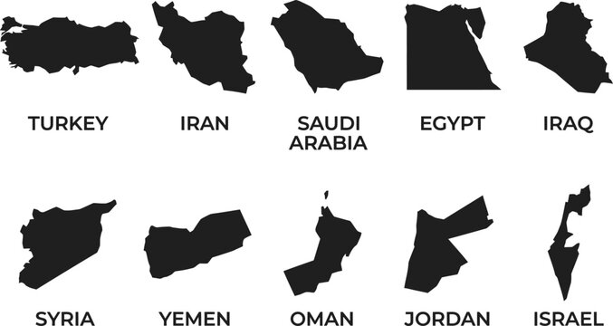 A comprehensive geographical depiction illustrating the unique shapes and borders of numerous nations across the middle east including turkey iran saudi arabia and surrounding countries