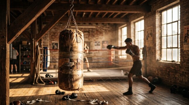 Male boxer shadowboxing near a heavy punching bag in a rustic gym