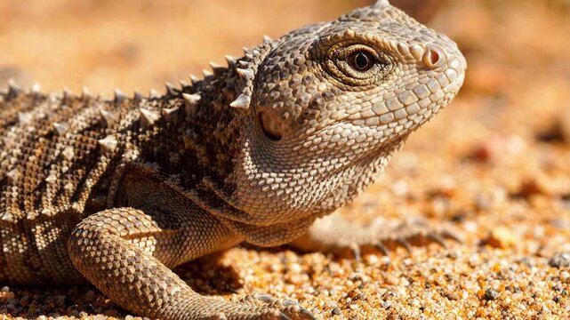 Close-up portrait of a Spiny-tailed Lizard (Uromastyx) resting on sandy desert ground, showcasing its textured scales and unique spiky appearance.