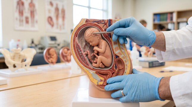 Medical professional demonstrates human fetal development using a detailed anatomical model in a bright clinical classroom