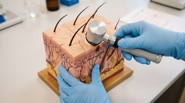 Dermatologist using handheld dermatoscope to examine a detailed human skin model in a bright laboratory