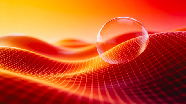 A transparent glossy sphere rests on a grid-patterned wavy surface against a warm orange-red gradient backdrop, 3D rendered abstract design.