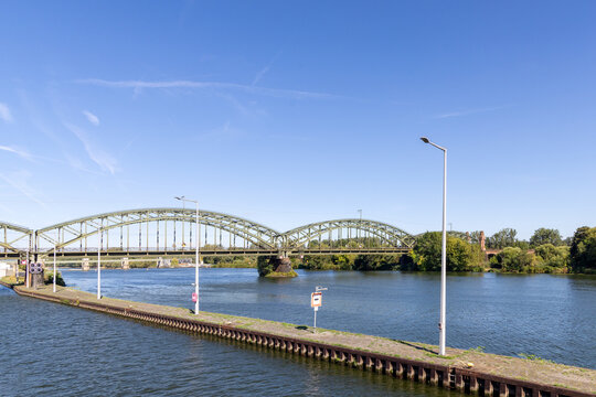 river lock on river Main in Kostheim, Hesse, Germany,  and The old railway bridge near Hochheim am Main