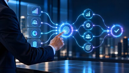 Fototapeta premium Businessperson interacting with a complex network of glowing digital data connections