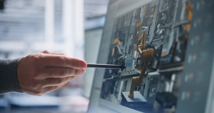 Close Up Engineering Design Review For Robotic Equipment, With Hand Using Stylus on Interactive Touchscreen to Examine Digital Schematics, Identify Details, and Support Multidisciplinary Development.