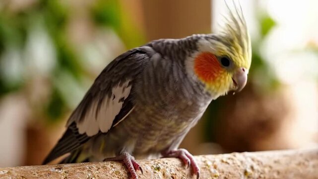 Close-up of a Cockatiel bird perched on a branch, showcasing its yellow crest, orange cheeks, and grey body.