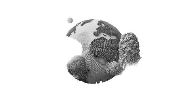 Globe sculpture crafted from recycled materials stands against a plain transparent background symbolizing global ecological awareness and sustainable environmental practices.