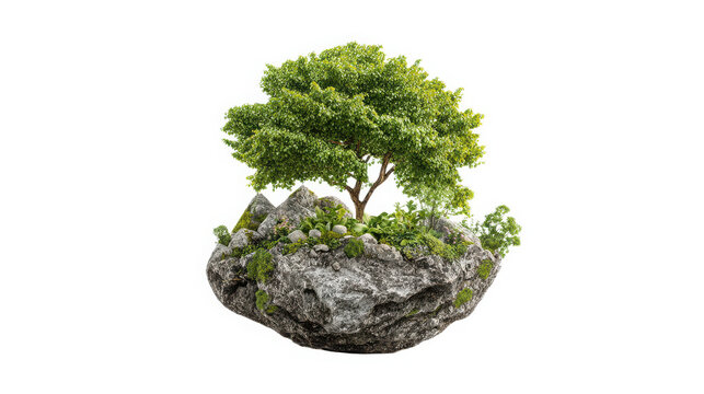 Tree growing atop a weathered stone rock formation surrounded by small green plants representing life, resilience, and natural habitats.