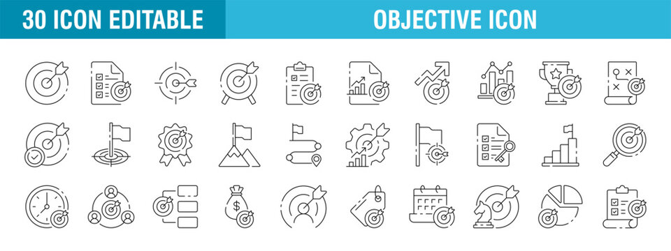 Collection of objective icons. Target, goal, performance, business, success. Vector template editable stroke EPS 10.