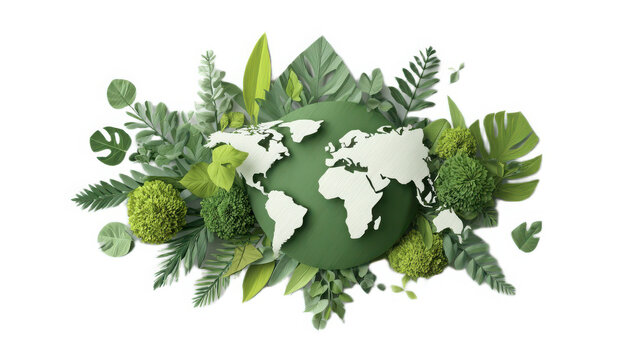 Earth globe encircled by diverse green leaves and tropical foliage illustrating environmental health and botanical sustainability.