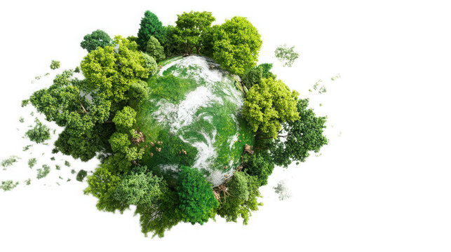 Globe covered with dense green forests and trees symbolizing global ecology, environmental protection, and climate action.