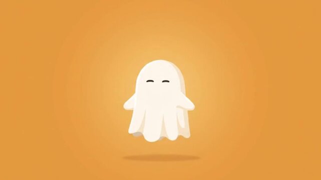 A minimalist flat vector illustration featuring a cute floating white ghost character centered against a warm golden orange background for seasonal holiday design projects
