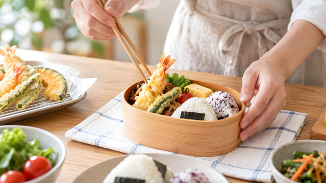 家庭で弁当箱におかずを詰める人の手元