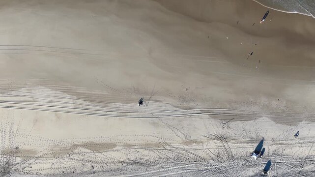 Aerial Top Down View of People Walking Along Sandy Beach Shoreline