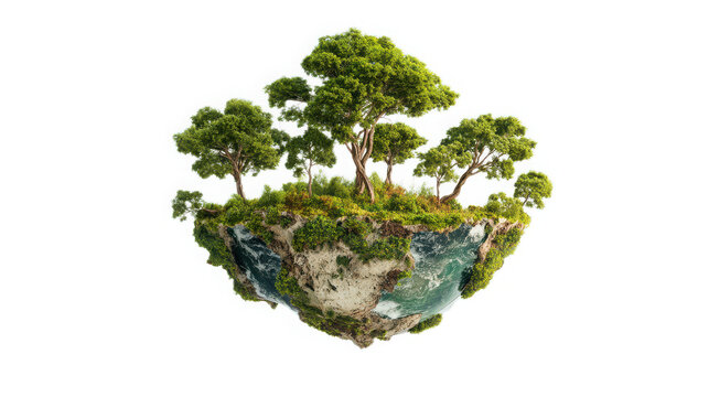 Floating island earth globe covered with lush green forests and trees isolated on a pure transparent background.