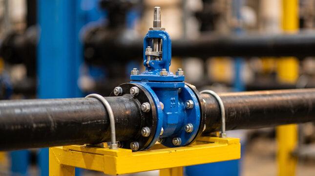 Blue industrial gate valve installed on steel pipeline with yellow metal stand.