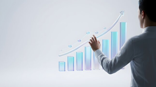 Businesswoman interacting with a glowing data visualization and financial growth chart