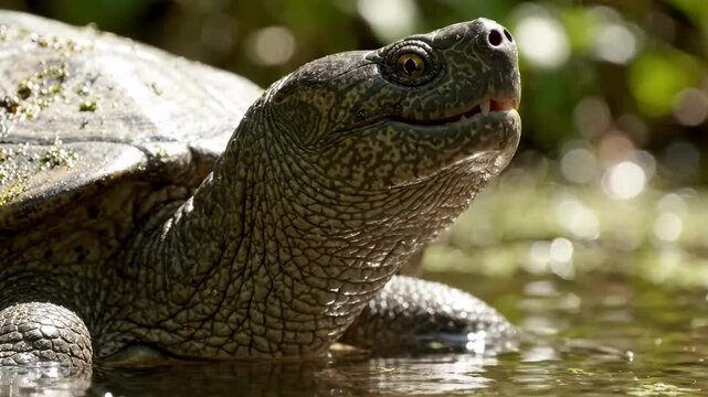 Close-up of a European Pond Turtle emerging from murky water with sunlit green foliage in the background.