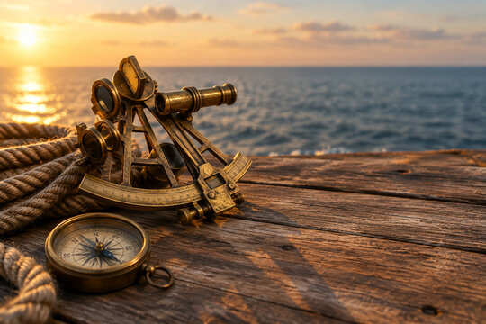 Antique brass sextant with rope and compass on wood, navigation and exploration concept