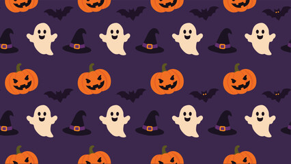 Obraz premium Seamless Halloween pattern with cute pumpkins, ghosts, bats and witch hats on dark purple background. Spooky repeating vector illustration for Halloween backgrounds