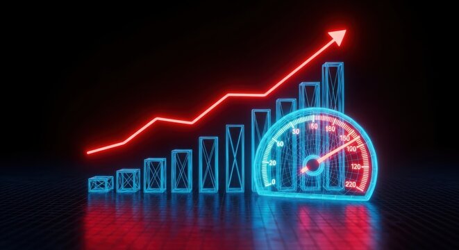 Growing bar chart with speedometer and upward arrow illustration