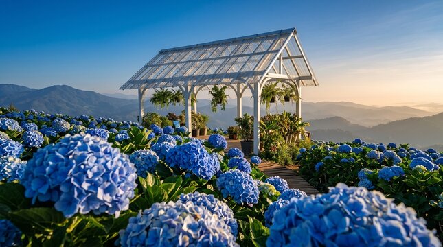 Blue hydrangea garden with white gazebo.