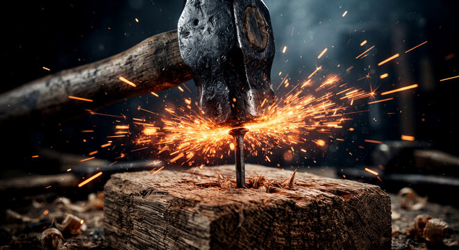 Skilled Blacksmith Working at Night with Glowing Sparks and Hot Flames