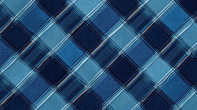 Blue and white plaid pattern, diagonal lines, fabric texture