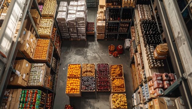 High angle view of organized grocery warehouse storage.