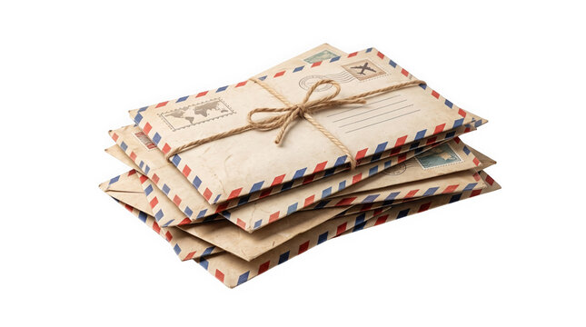 Stack of vintage airmail envelopes tied with twine on white background
