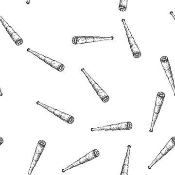 seamless pattern telescope spyglass hand drawn. brass classic, explorer navigation, optics steampunk telescope spyglass black sketch illustration