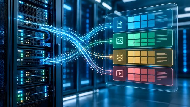 High speed data transfer from server rack to transparent digital dashboard with categorized document and media icons