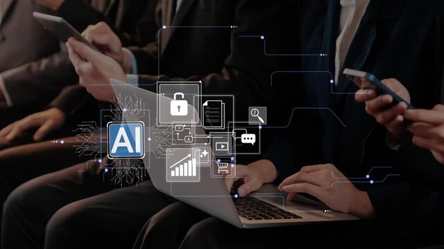 People using technology with artificial intelligence symbols and various digital icons representing online security, data management, and communication tools Gluon.