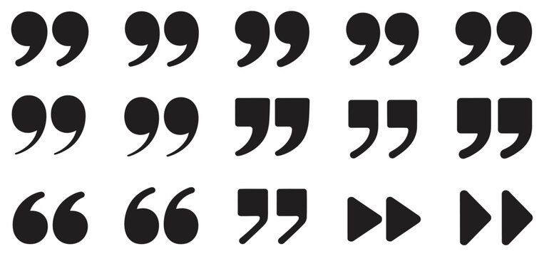 Black quotation mark icons featuring different styles for text formatting, citations, editorial design, and communication graphics, vector, designs